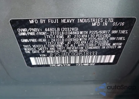 2016 Subaru Forester 2.5I Premium from USA, damaged, VIN JF2SJADC0GH518333